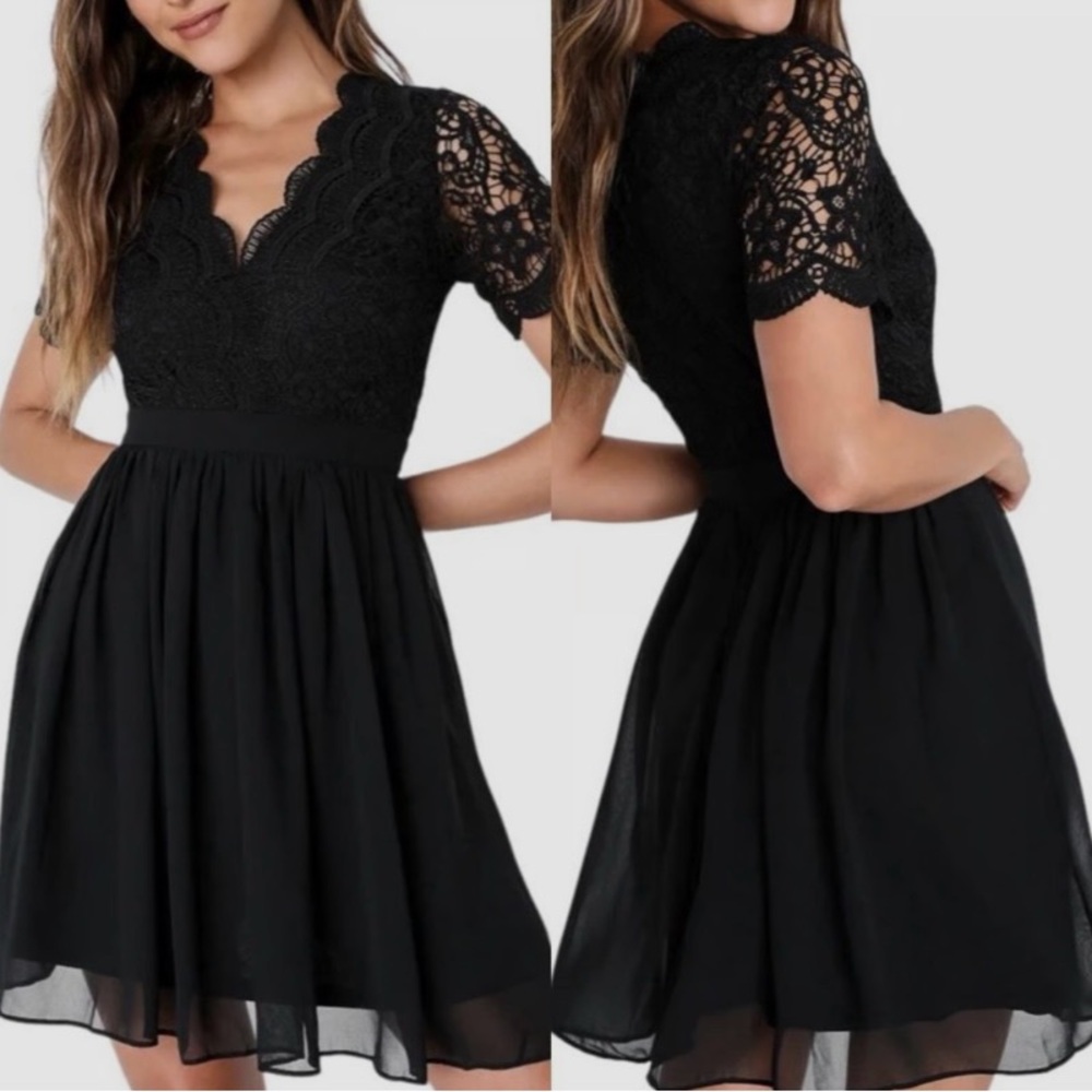 Lulus Angel in Disguise Black Lace Skater Dress
